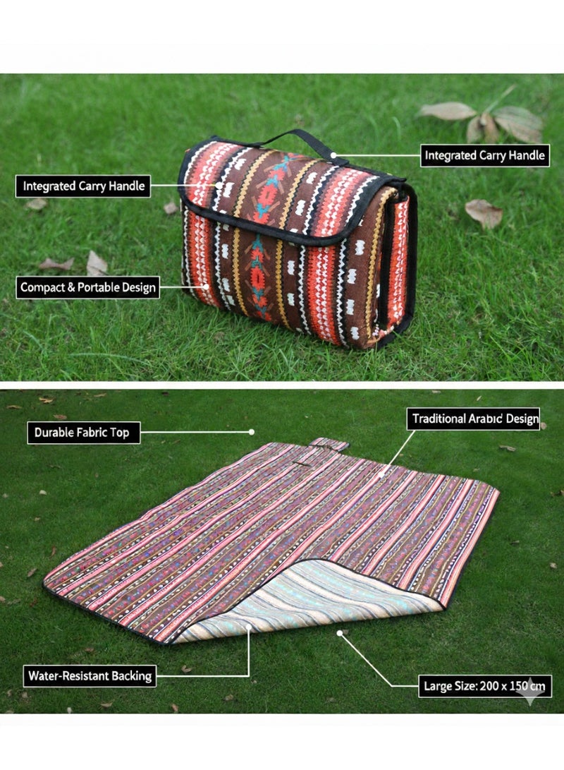 diu toyz Park Mat Picnic Blanket Waterproof Beach Blanket Waterproof Picnic Blanket Portable Picnic Mat Portable Beach Mat Camping Carpet Outdoor Majlis Carpet (200X150) Arabic Inspired Design (Brown Pattern) - Image 4